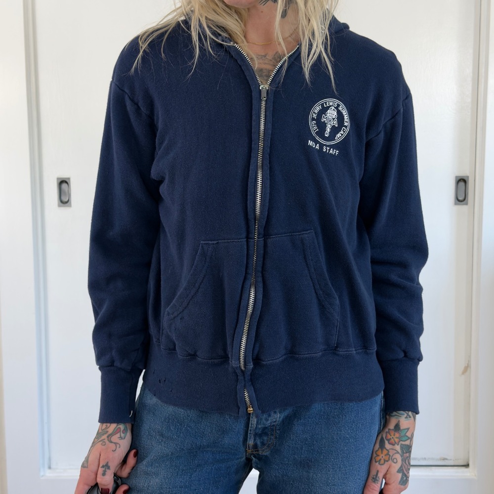 Vintage 1970s MDA Staff Jerry Lewis Summer Camp Thermal Lined Zip Up Hoodie Navy